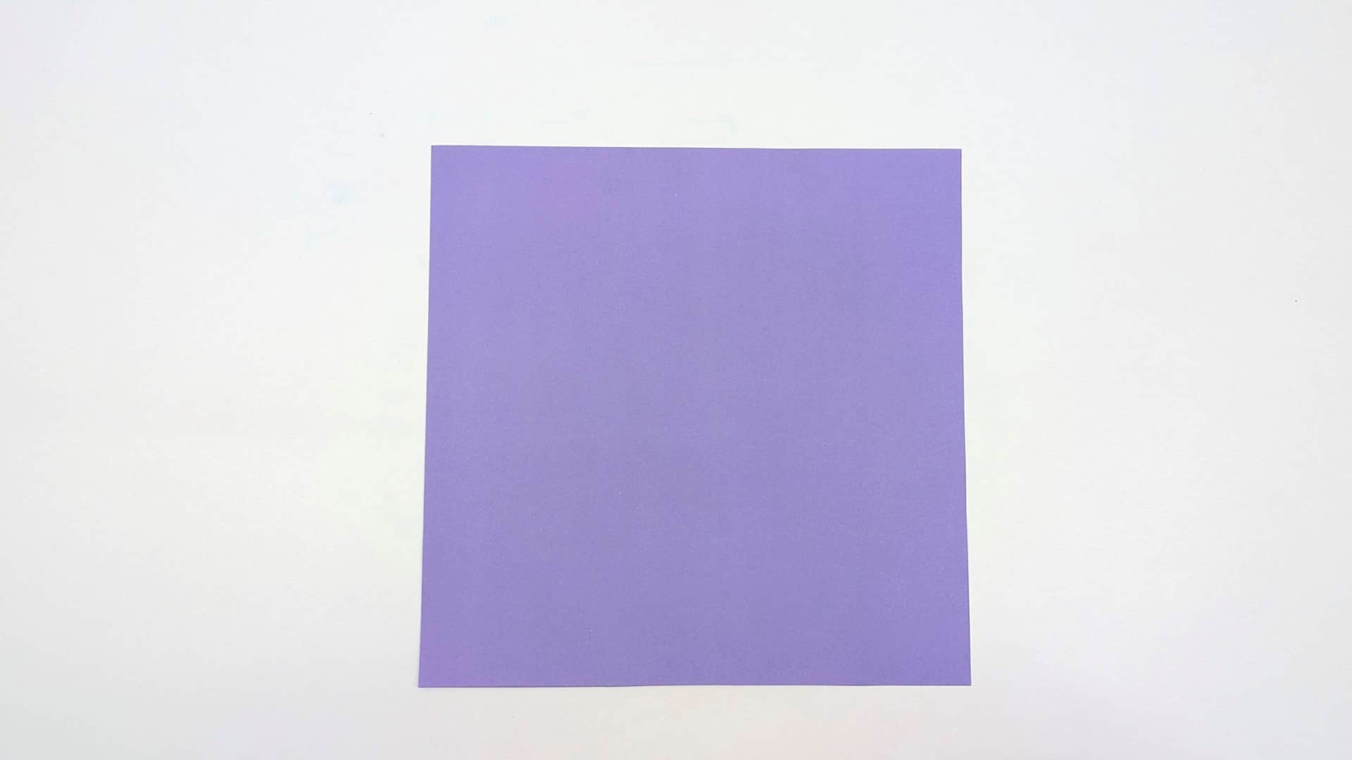 Start with a square sheet of paper, colored side up, lying flat on a white surface.