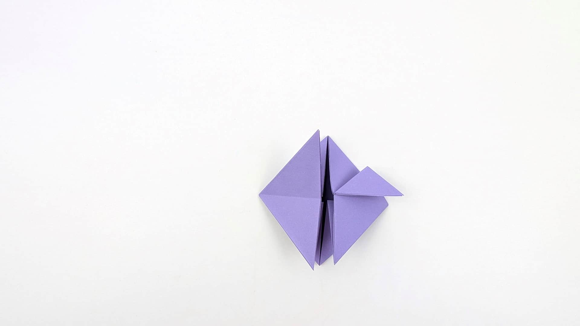 Fold one triangular flap from the right diamond over to the left, creating an asymmetric layered shape.