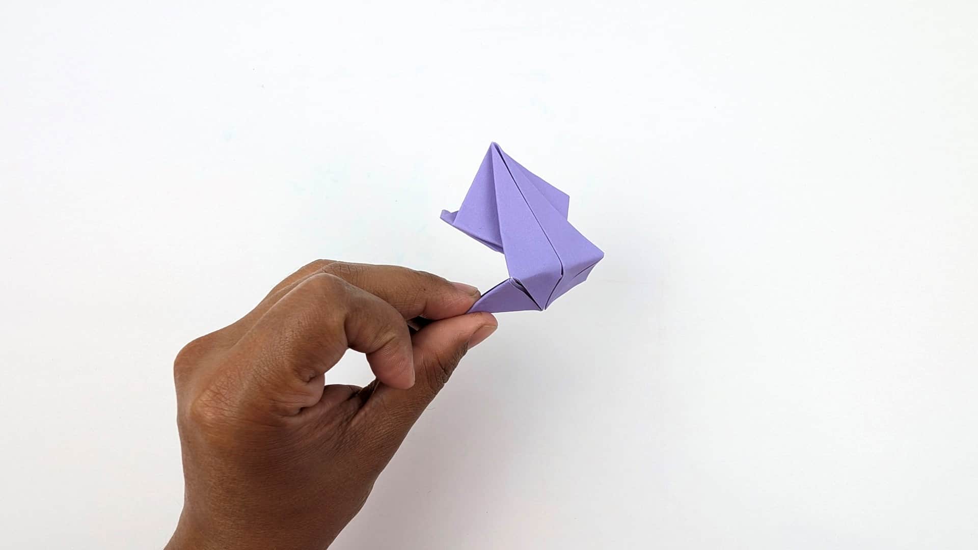 Hold the frog between thumb and forefinger at the spring fold (the bottom end). This shows the front-side profile with the body and head.