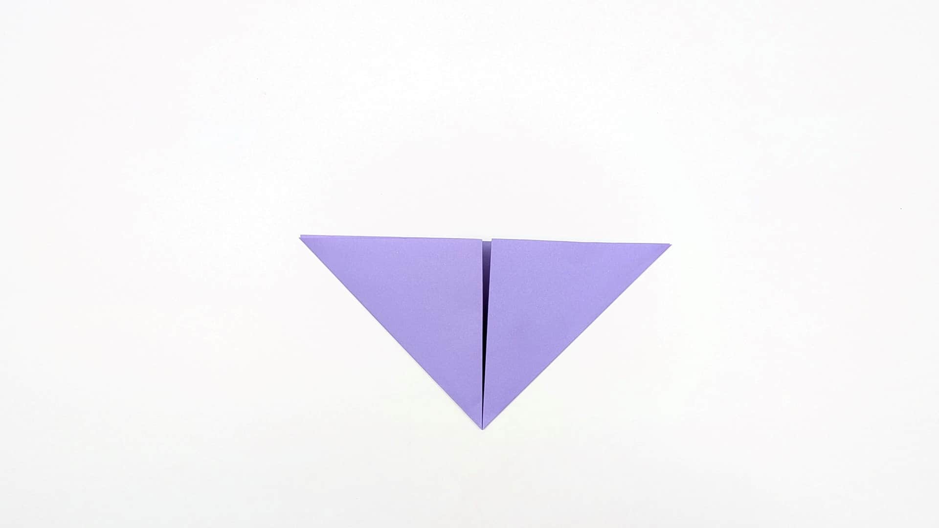 Fold the remaining left half over to complete the triangle. You now have a large downward-pointing triangle with a vertical center fold line.