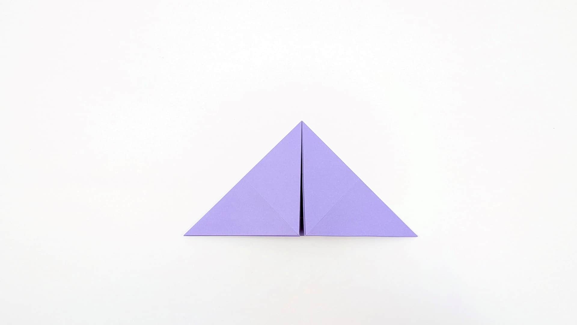 Complete the fold so the whole paper forms a symmetric upward-pointing triangle. A vertical crease runs down the center.