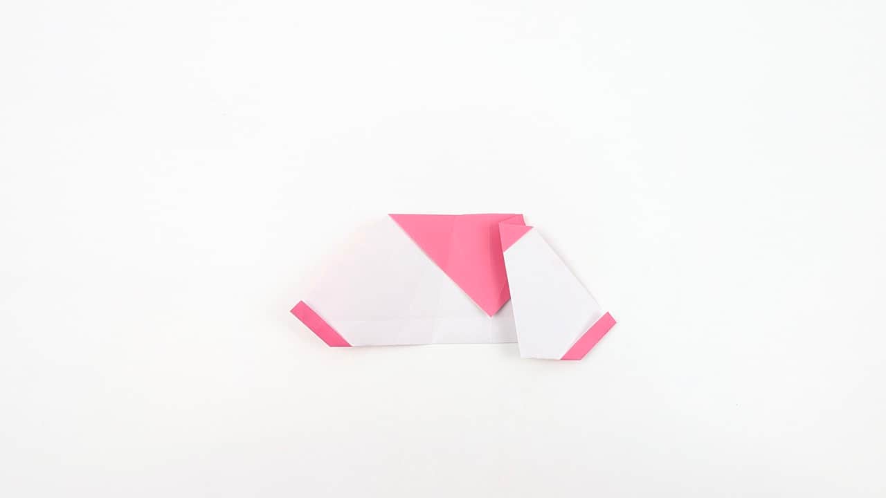 Fold the back bottom point outward in the opposite direction to form the left foot.